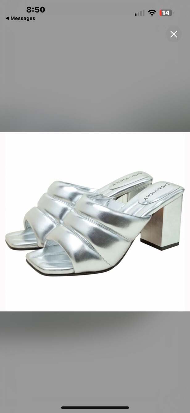 NIB Lisa Vicky Silver Quilted Strap Block Heel Mules Sandals